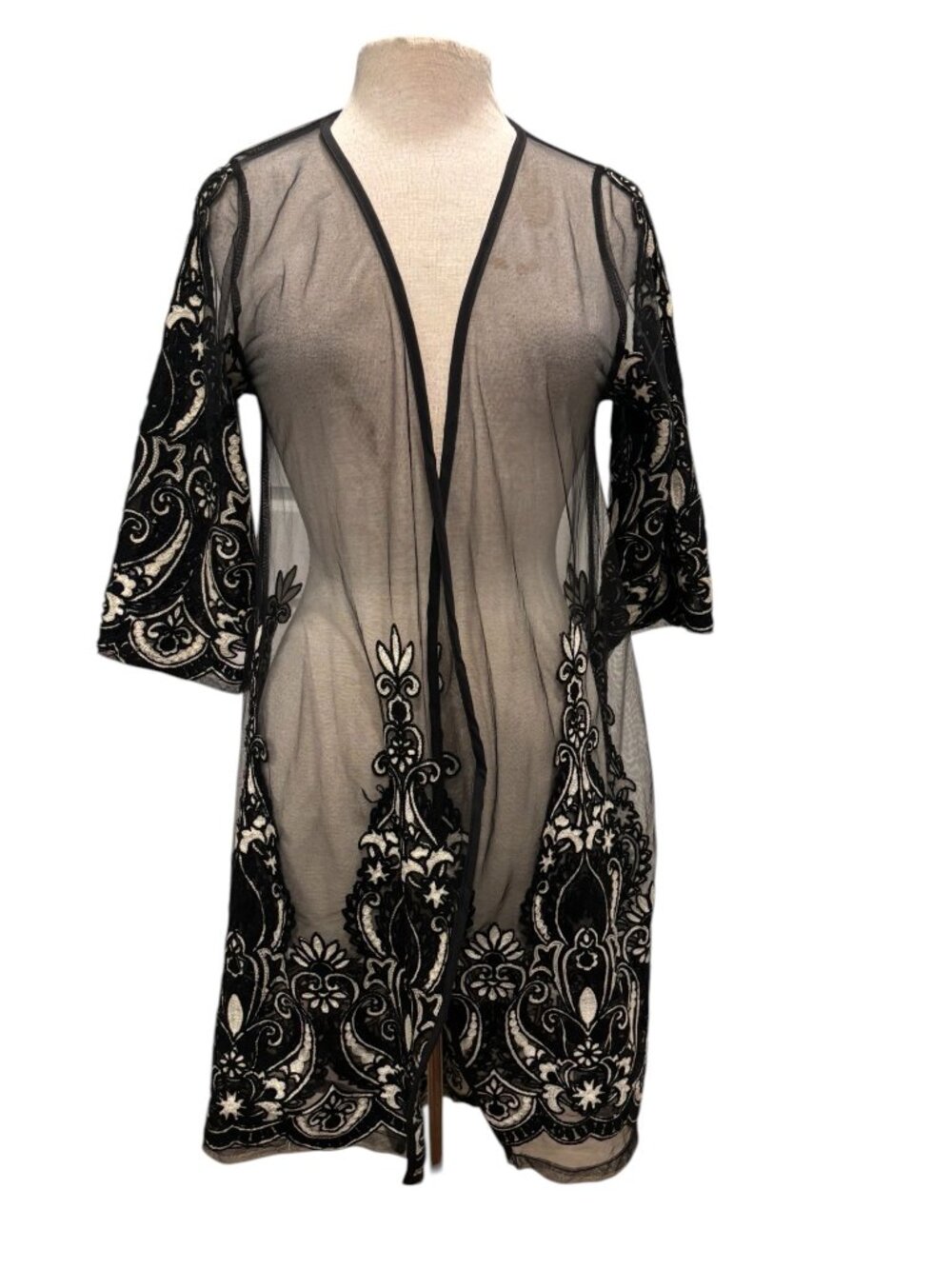 Mechant Sheer Lace Kimono Duster S Black Mesh Embroidered Boho Layer - Picture 2 of 8
